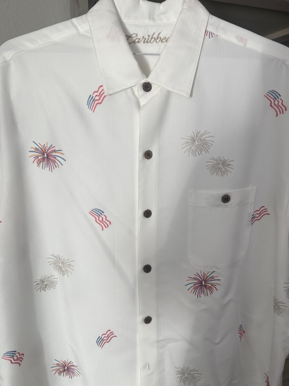Caribbean White Short-Sleeve Button-Down Shirt with Red, Blue & Gray Accents